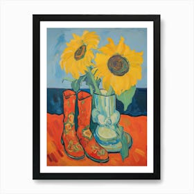 Painting Of Sunflower Flowers And Cowboy Boots, Oil Style 2 Art Print