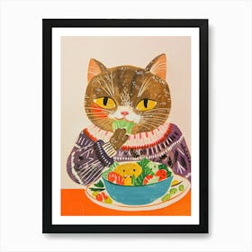 Cute Brown Cat Eating Salad Folk Illustration 1 Art Print