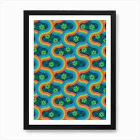 KYOTO Japanese Retro Wavy Geometric Stripes and Flowers in Rainbow Palette on Teal Checkerboard Art Print