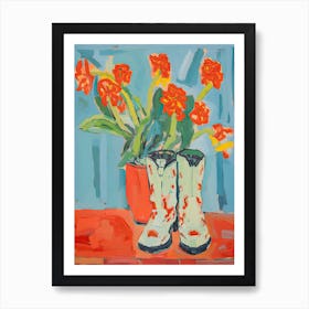 Painting Of Orange Flowers And Cowboy Boots, Oil Style Art Print