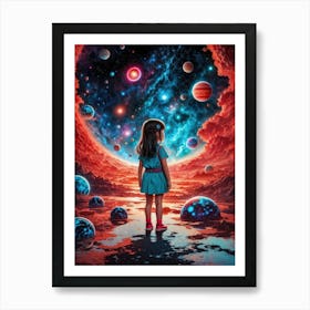 In a children's universe, a little girl dreams of vibrant planets, stars, and nebulas — a cute cosmic adventure in a colorful galaxy sky. Art Print