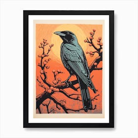 Vintage Bird Linocut Raven 3 Art Print