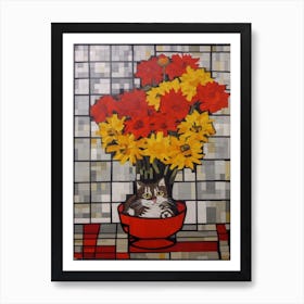 Chrysanthemums With A Cat 3 De Stijl Style Mondrian Art Print