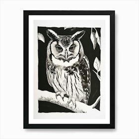 Collared Scops Owl Linocut Blockprint 1 Art Print