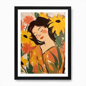 Woman With Autumnal Flowers Sunflower Art Print