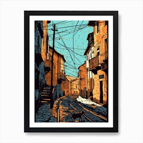 Painting Of Budapest Hungary With A Cat In The Style Of Line Art 4 Art Print
