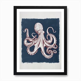 Retro Linocut Octopus With Blue Background 3 Art Print