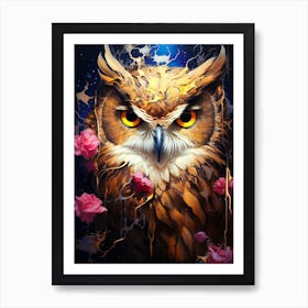 Owl With Roses 1 Art Print