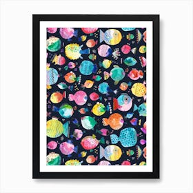 Cute Puffer Fishes Watercolor Navy Art Print
