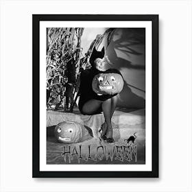 Beautiful Cat Woman With Pumpkin Posing In Photo Studio Art Print