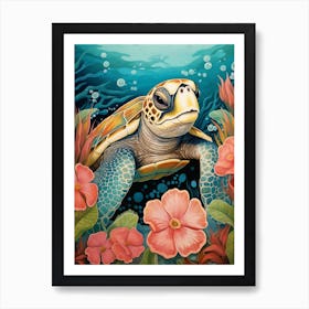 Leatherback Turtle With Tropical Flowers 2 Art Print