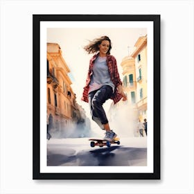 Girl Skateboarding In Rome, Italy Watercolour 2 Art Print