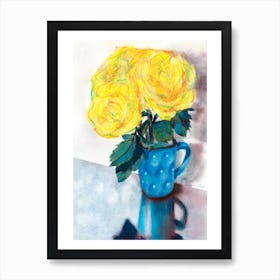 Yellow Roses In A Blue Vase Art Print