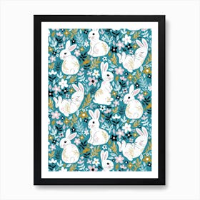 Little White Rabbits On Teal Affiche