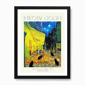 Meow Gogh Cat-a Terrace at Night 1888 Funny Cat Vintage Poster Fine Art Print Black Cats Meeting in France Wall Decor Cafe Terrace at Night in HD Art Print
