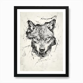 Angry Wolf Watching from Wall Hole 4 Art Print