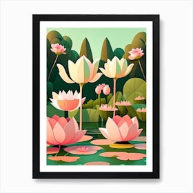 Lotus Flowers In Park Scandi Cartoon 2 Art Print