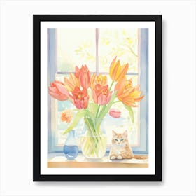 Cat With Tulip Flowers Watercolor Mothers Day Valentines 1 Art Print