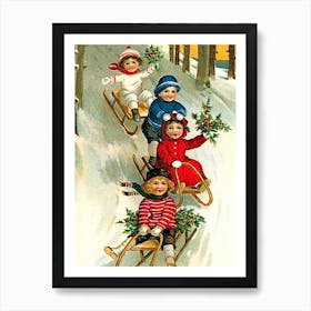 Kids Is Sledding Down A Hill Art Print