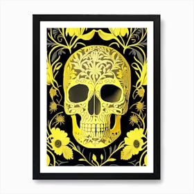 Skull With Floral Patterns 1 Yellow Line Drawing Art Print