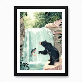 American Black Bear Catching Fish In A Waterfall Storybook Illustration 4 Art Print