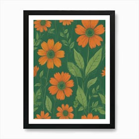 Orange Flowers On Green Background Art Print