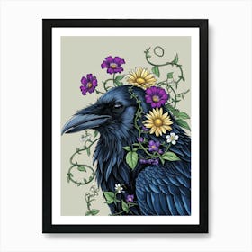 Raven With Flowers Art Print