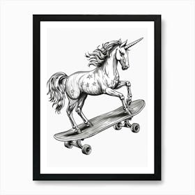 Unicorn On A Skateboard Black And White Doodle 3 Art Print
