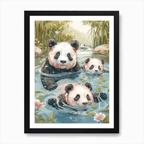 Giant Panda Family Swimming In A River Storybook Illustration 2 Art Print