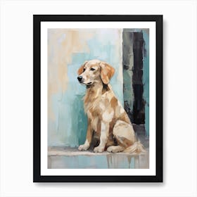 Golden Retriever Dog, Painting In Light Teal And Brown 1 Art Print