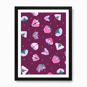 Scattered Colorful Moths and Little Triangles Multicolor on Dark Magenta Art Print