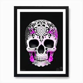 Skull With Abstract Elements 1 Pink Doodle Art Print