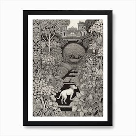 Drawing Of A Dog In Alhambra Gardens, Spain In The Style Of Black And White Colouring Pages Line Art 03 Art Print