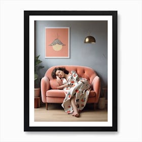 Woman Sleeping On A Pink Couch Art Print