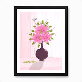 Pink Flowers With Butterfly  Art Print