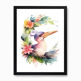 Pterodactyl With A Crown Of Flowers Cute Dinosaur Watercolour 2 Art Print