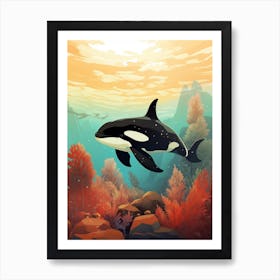 Orca Whale Underwater With Coral Blue & Red Art Print
