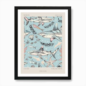 Pastel Blue Zebra Shark Watercolour Seascape Pattern 2 Poster Art Print