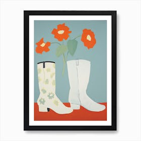 A Painting Of Cowboy Boots With Red Flowers, Pop Art Style 9 Art Print