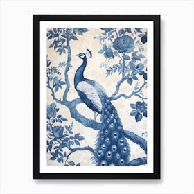 Blue & Cream Vintage Peacock Wallpaper Inspired  3 Art Print
