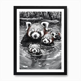 Red Panda Family Swimming Ink Illustration A River Ink Illustration 1 Art Print