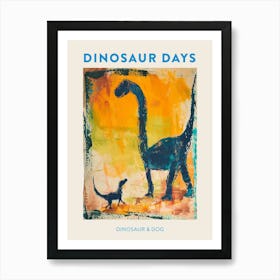 Dinosaur & Dog Blue Orange Poster Art Print
