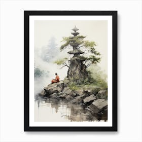 Man Meditating, Japanese Brush Painting, Ukiyo E, Minimal 1 Art Print