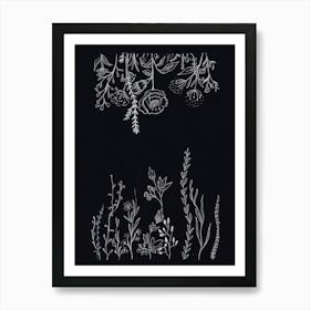 Flowers And Leaves Line Doted Art Print in Black Paper. Art Print