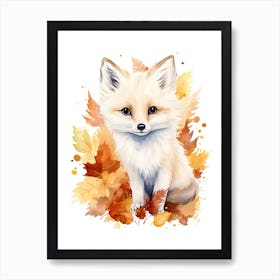 A Polar Fox Watercolour In Autumn Colours 3 Art Print
