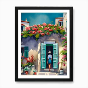 Woman in a Greek House Watercolor Painting Art Print