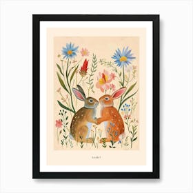 Folksy Floral Animal Drawing Rabbit 3 Poster Art Print