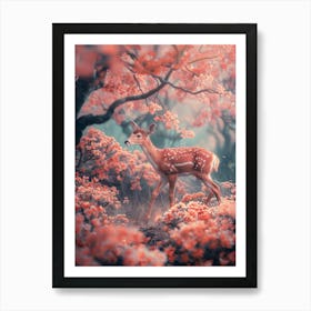 A Deer Walking, Surrounded By Pink Flowers, In The Style Of Surreal 3d Landscapes, Soft And Dreamy Tones, Fairy Tale, Xu Beihong, Detailed Character Design, High Quality Photo, Dark Orange And Light Cyan Póster