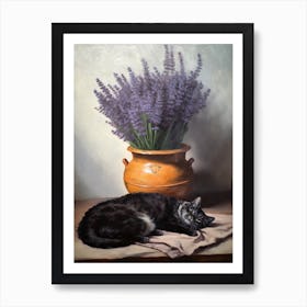 Painting Of A Still Life Of A Lavender With A Cat, Realism4 Art Print