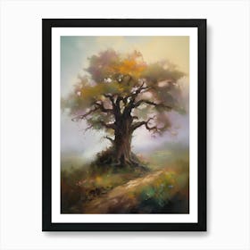 Oak tree, fine work of art, misty atmosphere, green meadow..21 Art Print